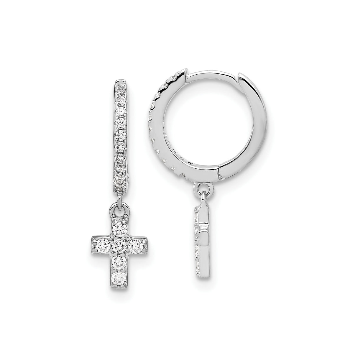 Sterling Silver Cross Hoop Earrings with Cubic Zirconia Charm, Spiritual Style