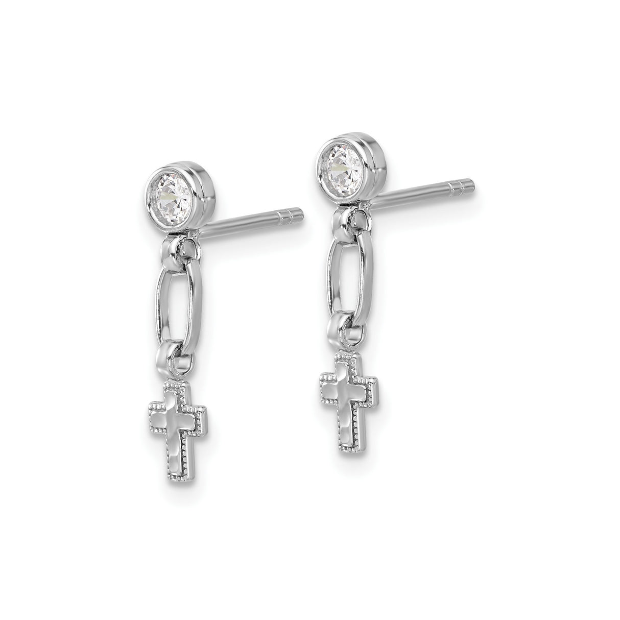 Sterling Silver Cross Drop Earrings with Cubic Zirconia, Textured Beaded and Oval Link Design