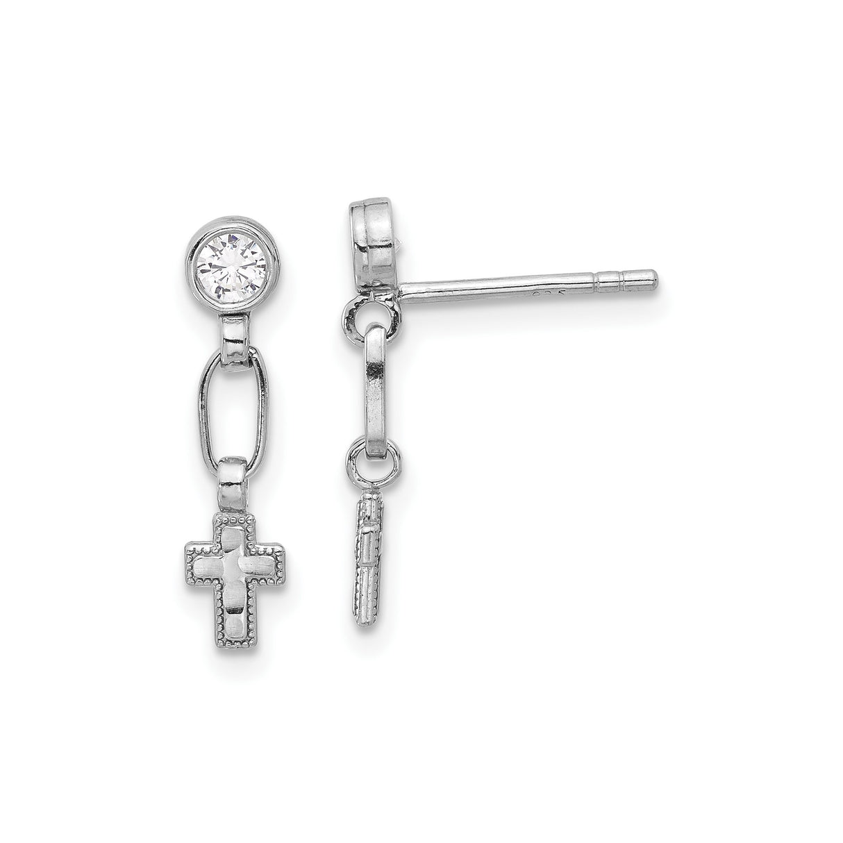Sterling Silver Cross Drop Earrings with Cubic Zirconia, Textured Beaded and Oval Link Design