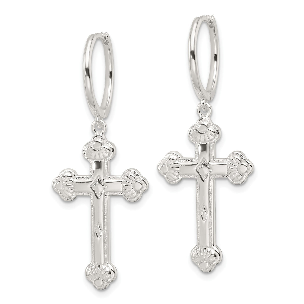 Sterling Silver Hoop Earrings with Dangle Cross Charm and Textured Polished Finish