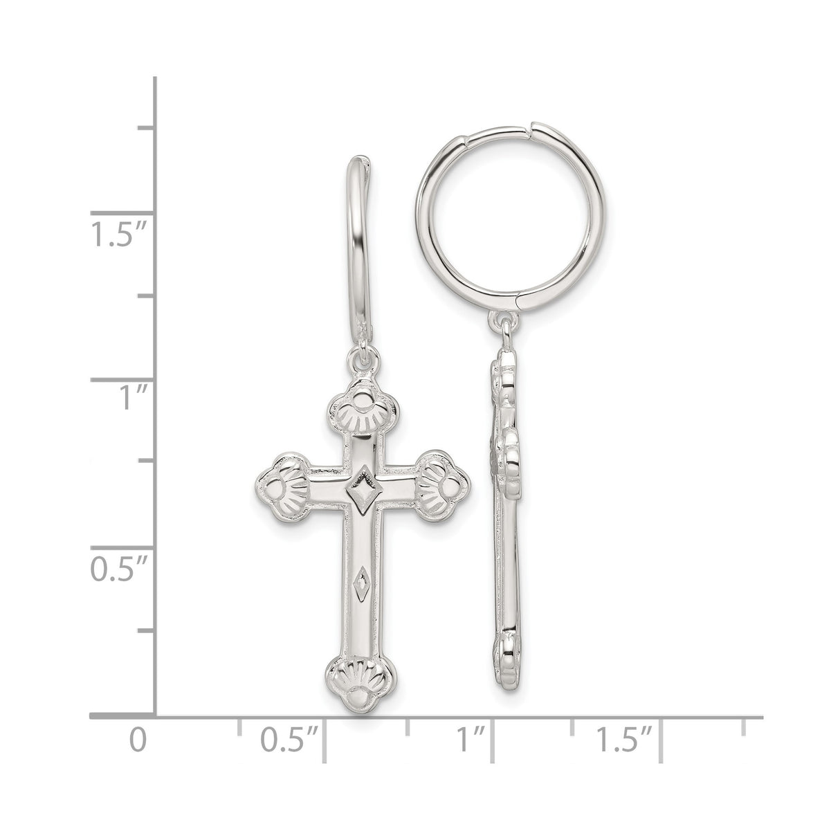 Sterling Silver Hoop Earrings with Dangle Cross Charm and Textured Polished Finish