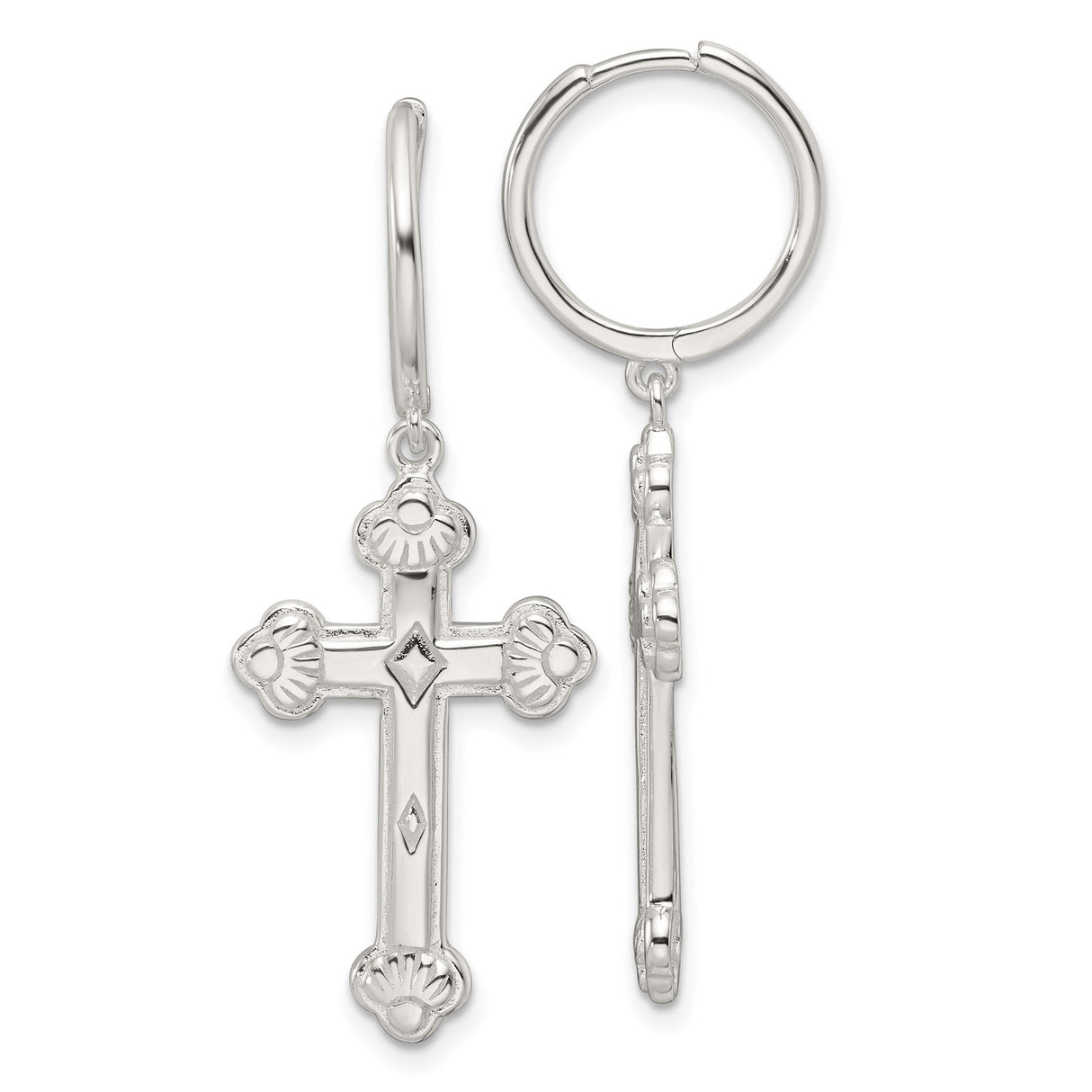 Sterling Silver Hoop Earrings with Dangle Cross Charm and Textured Polished Finish