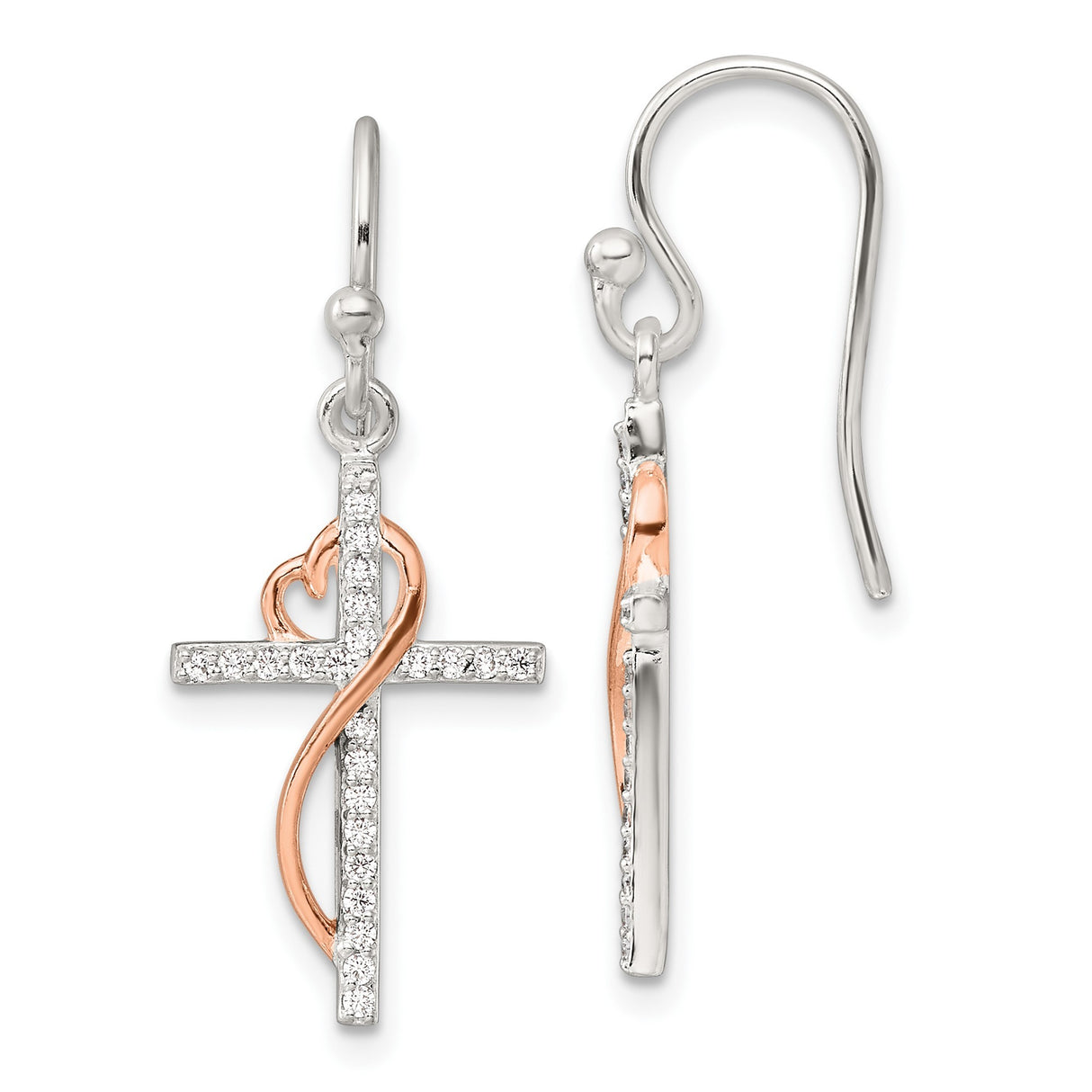 Sterling Silver Cross Pendant with Cubic Zirconia, Dual Tone Rose Gold Faith Design