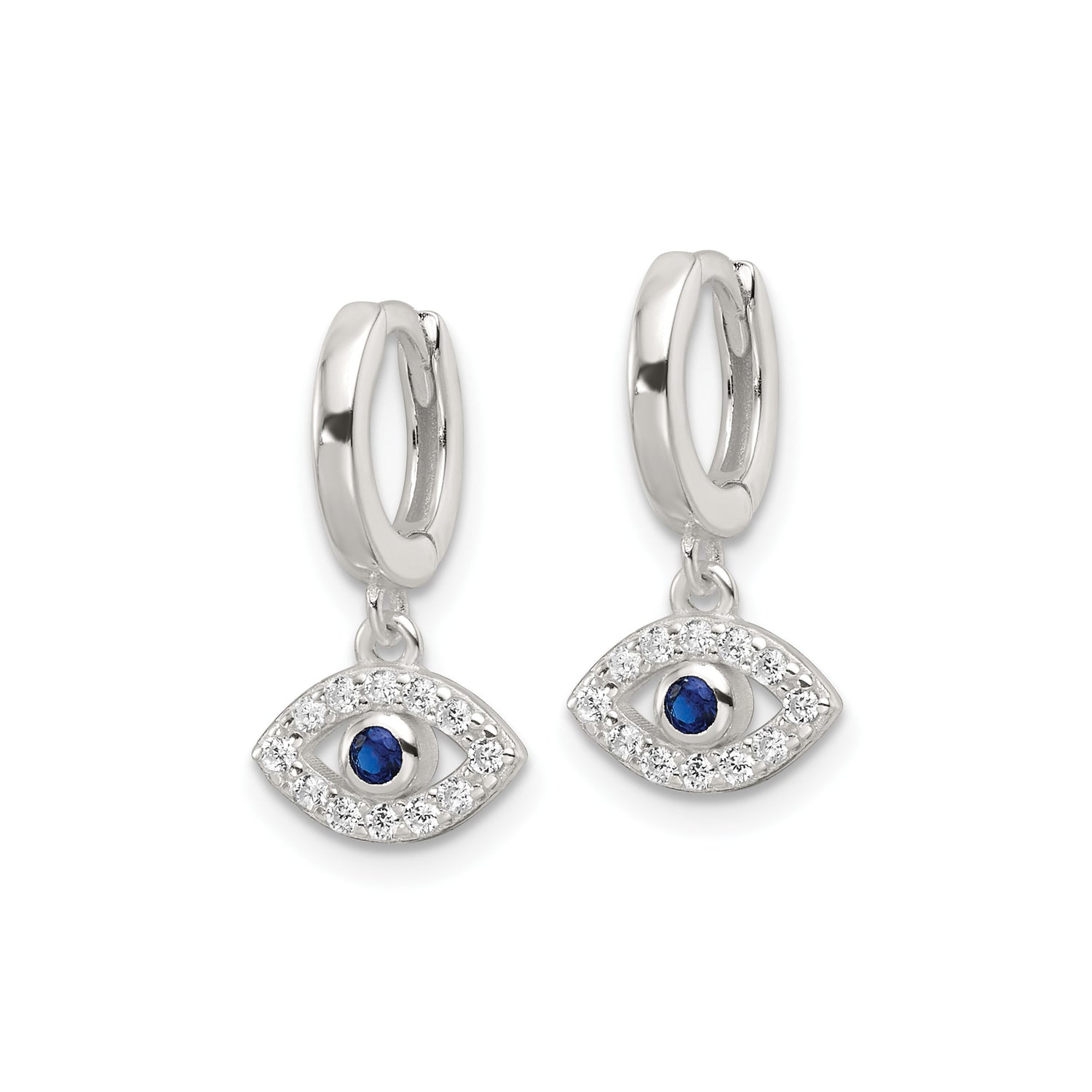 Sterling Silver Hoop Earrings with Cubic Zirconia Evil Eye Charm, Dangle Design, Spiritual Talisman Style