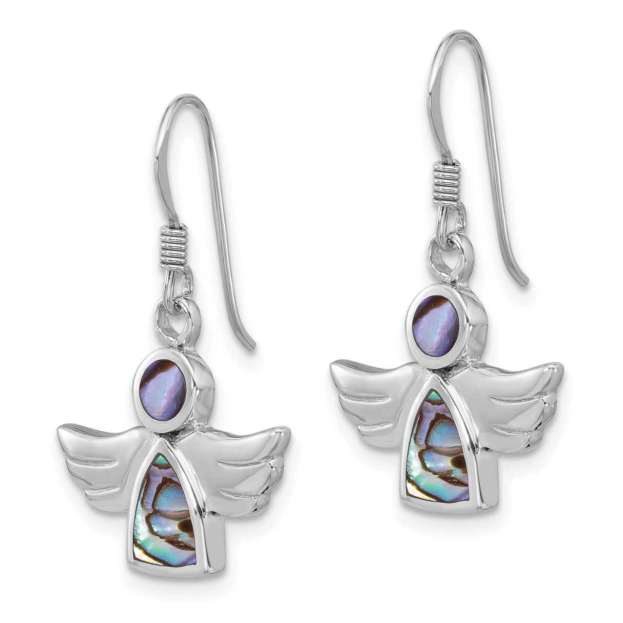 Sterling Silver Angel Dangle Earrings with Abalone Inlay, Spiritual Protection Jewelry for Women