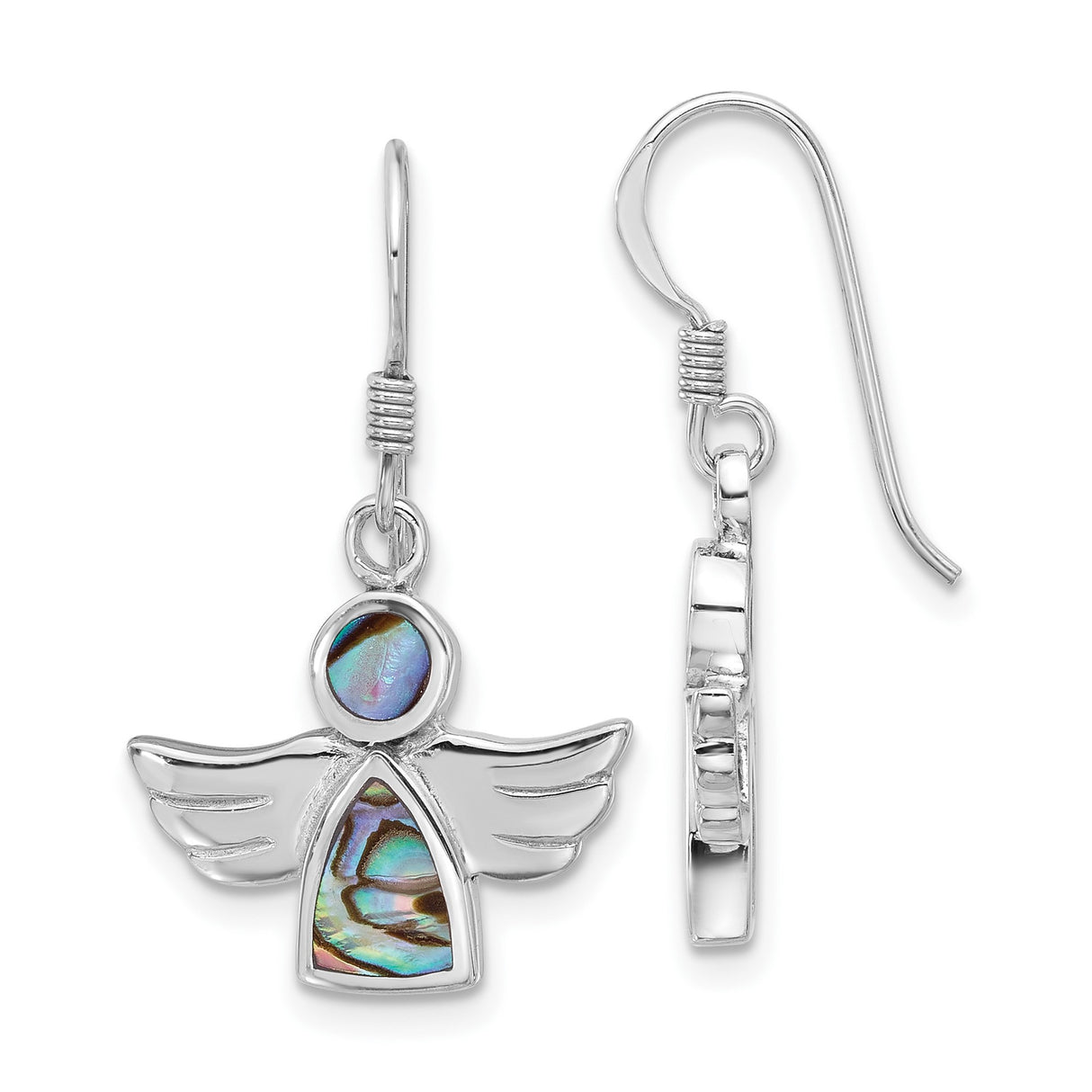 Sterling Silver Angel Dangle Earrings with Abalone Inlay, Spiritual Protection Jewelry for Women
