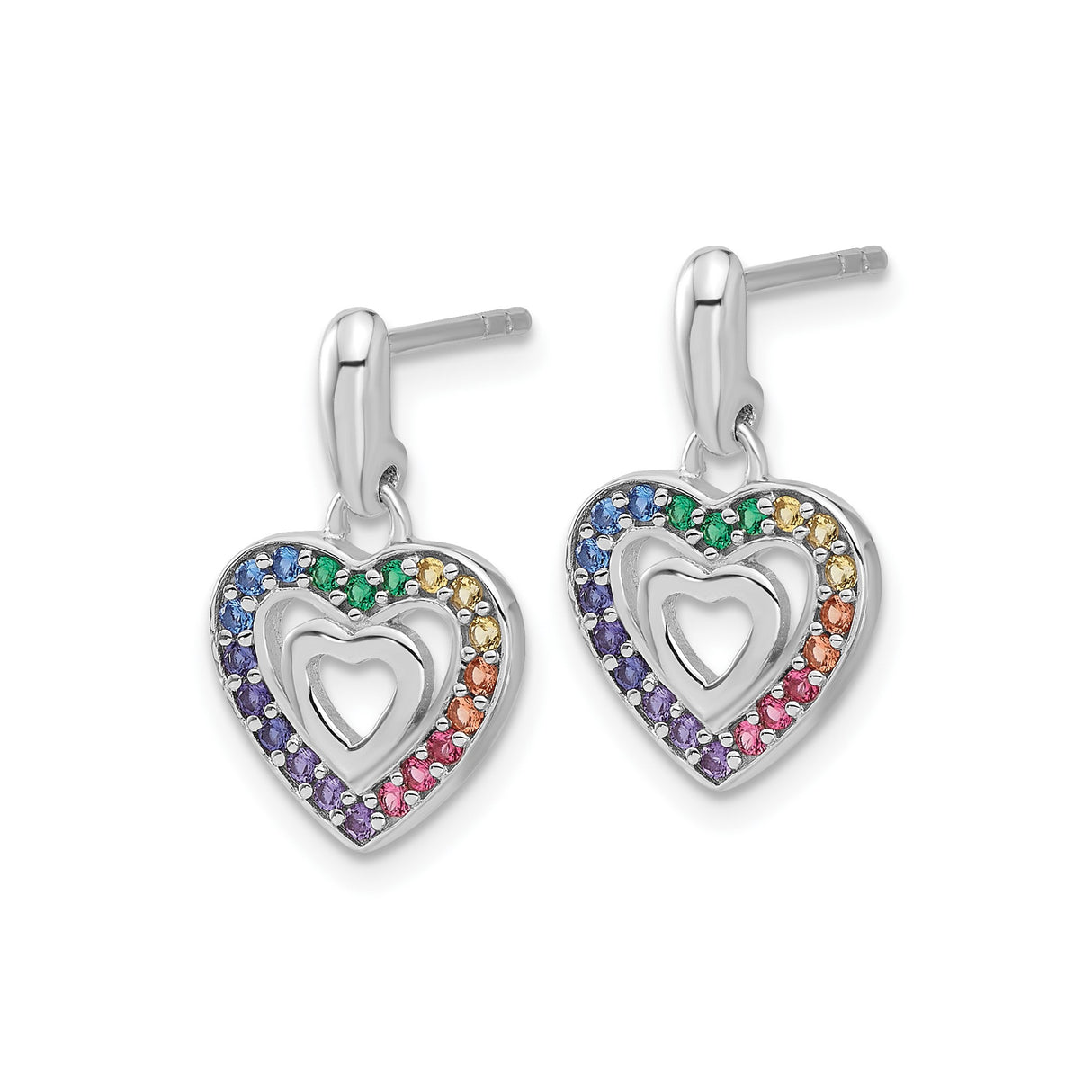 Sterling Silver Double Open Heart Drop Earrings with Rainbow Cubic Zirconia Accents