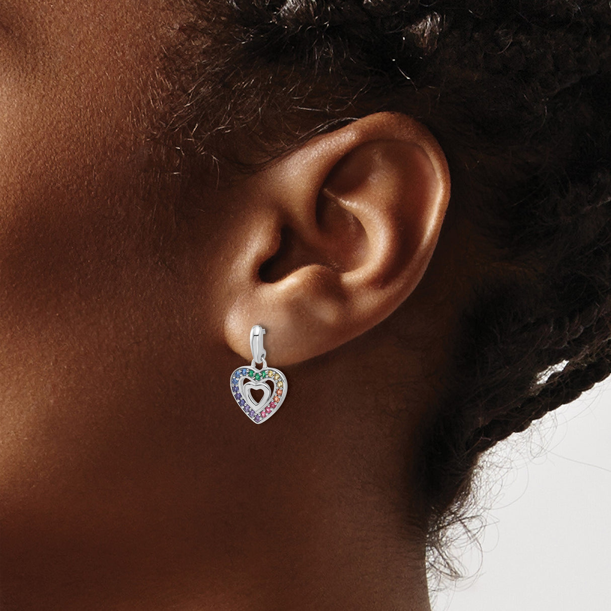 Sterling Silver Double Open Heart Drop Earrings with Rainbow Cubic Zirconia Accents