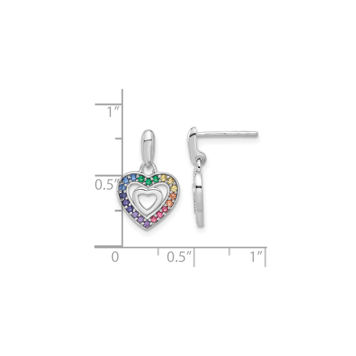 Sterling Silver Double Open Heart Drop Earrings with Rainbow Cubic Zirconia Accents