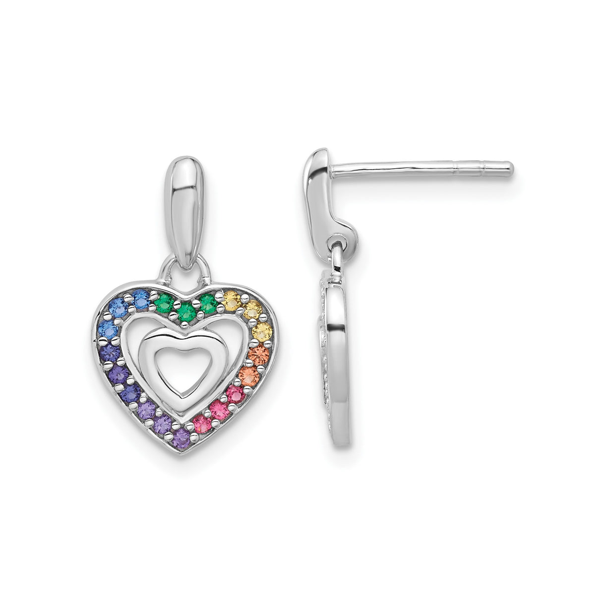 Sterling Silver Double Open Heart Drop Earrings with Rainbow Cubic Zirconia Accents