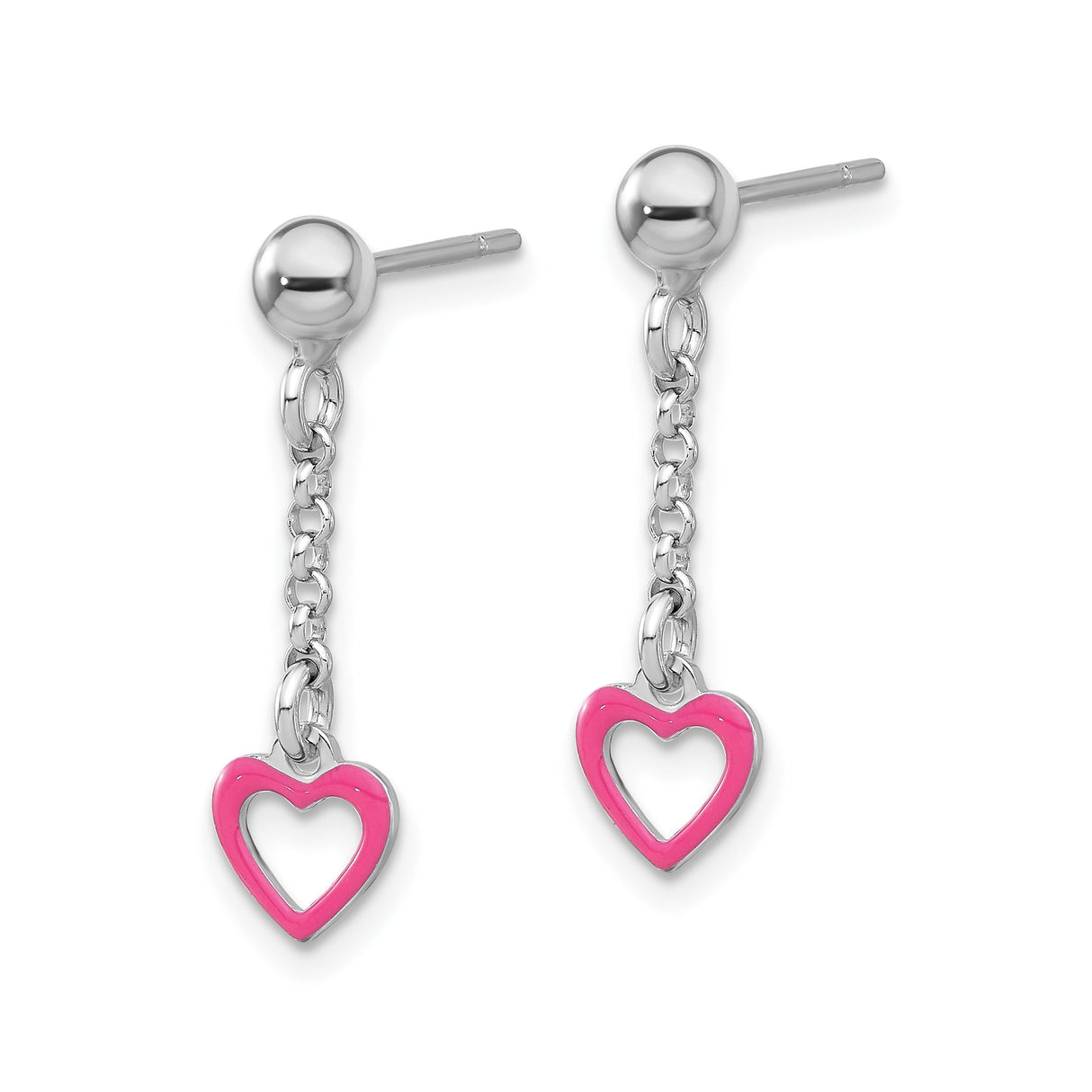 Sterling Silver Dangle Earrings with Pink Enamel Open Heart Charm and Short Chain Drop Design