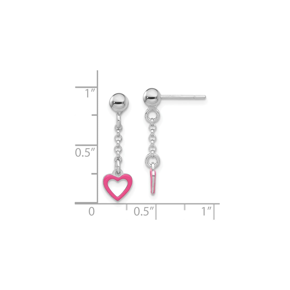 Sterling Silver Dangle Earrings with Pink Enamel Open Heart Charm and Short Chain Drop Design