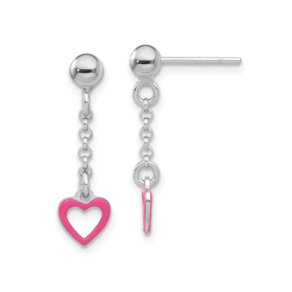 Sterling Silver Dangle Earrings with Pink Enamel Open Heart Charm and Short Chain Drop Design