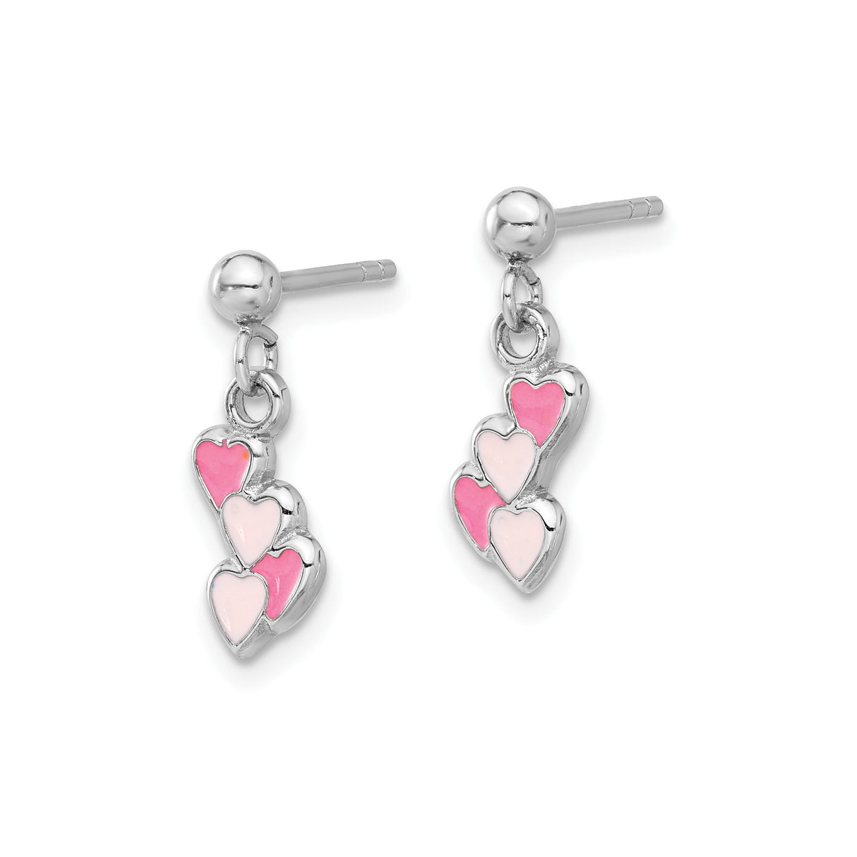 Sterling Silver Dangle Earrings with Pink Enamel Triple Heart Charms for Women