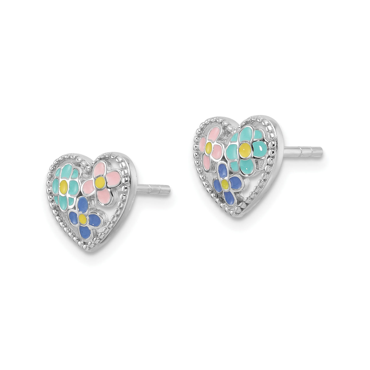 Sterling Silver Heart Stud Earrings with Colorful Enamel Flower Design