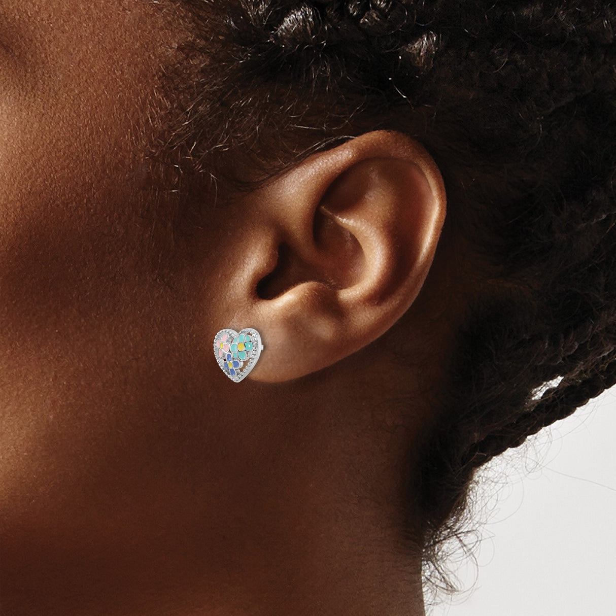 Sterling Silver Heart Stud Earrings with Colorful Enamel Flower Design