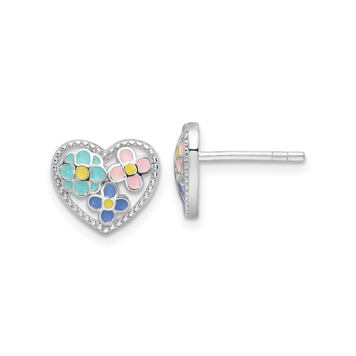 Sterling Silver Heart Stud Earrings with Colorful Enamel Flower Design