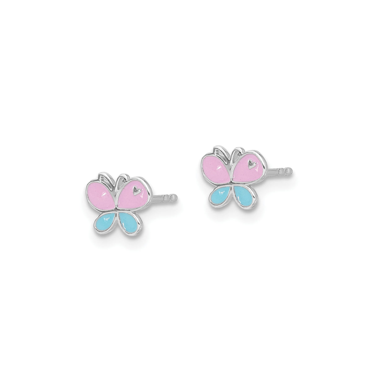 Sterling Silver Butterfly Stud Earrings with Pink and Blue Enamel Wings, Heart Detail, Girls Size