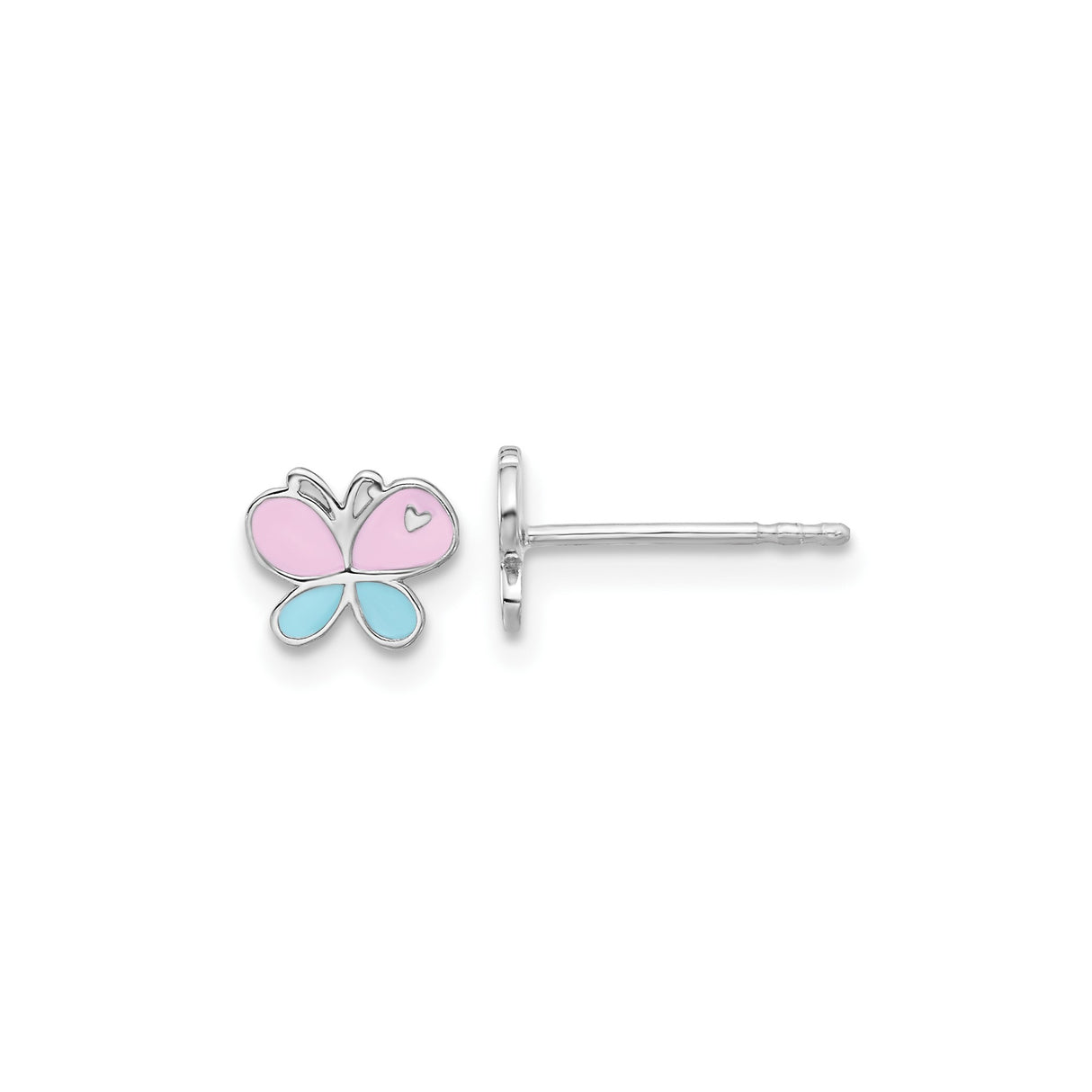 Sterling Silver Butterfly Stud Earrings with Pink and Blue Enamel Wings, Heart Detail, Girls Size