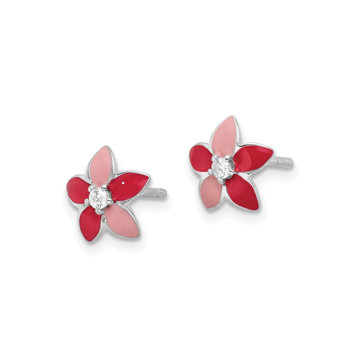 Sterling Silver Flower Stud Earrings with Pink and Red Enamel Petals and Cubic Zirconia Center