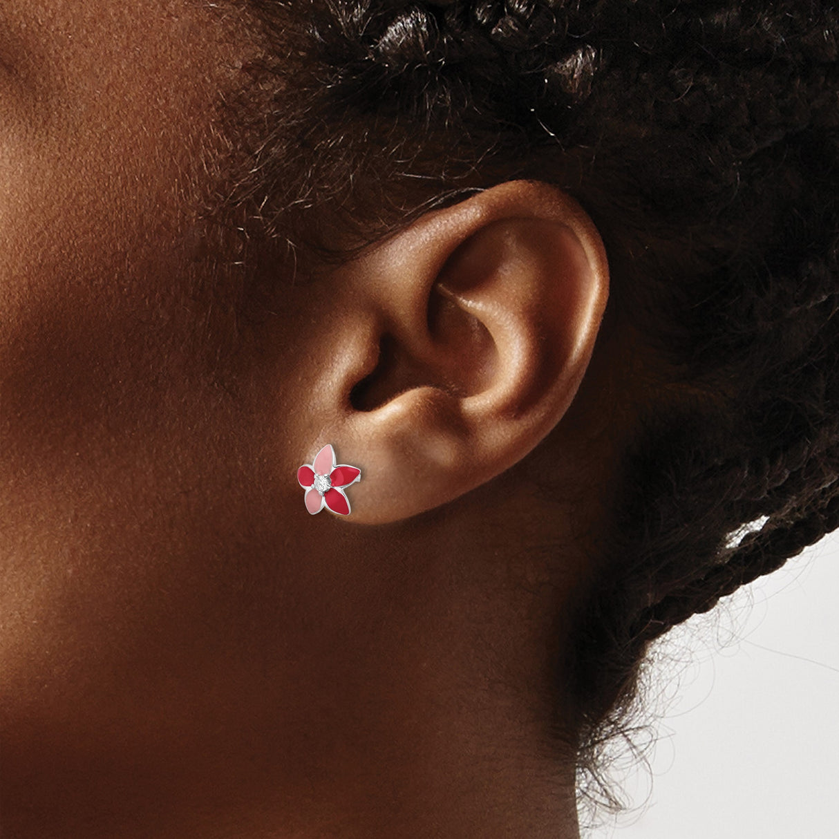 Sterling Silver Flower Stud Earrings with Pink and Red Enamel Petals and Cubic Zirconia Center