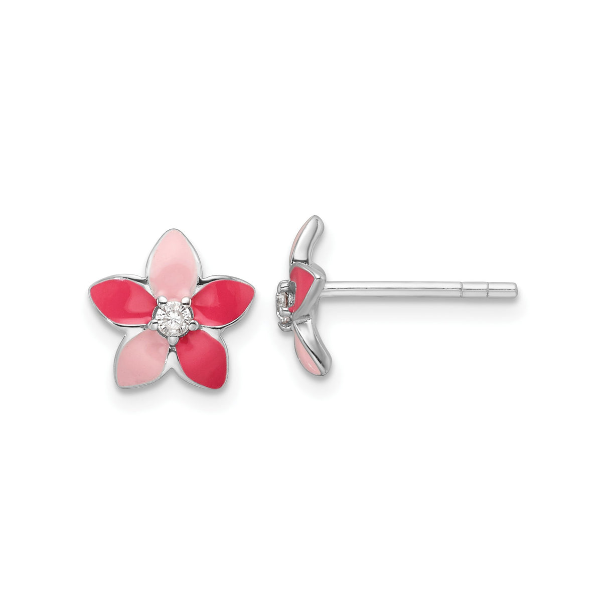 Sterling Silver Flower Stud Earrings with Pink and Red Enamel Petals and Cubic Zirconia Center