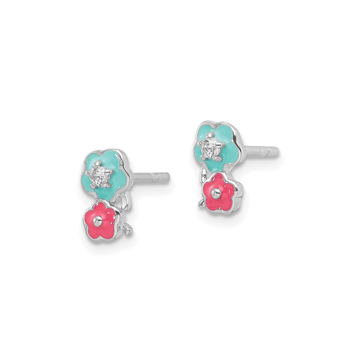 Sterling Silver Floral Stud Earrings with Pink and Turquoise Enamel, Cubic Zirconia Accent