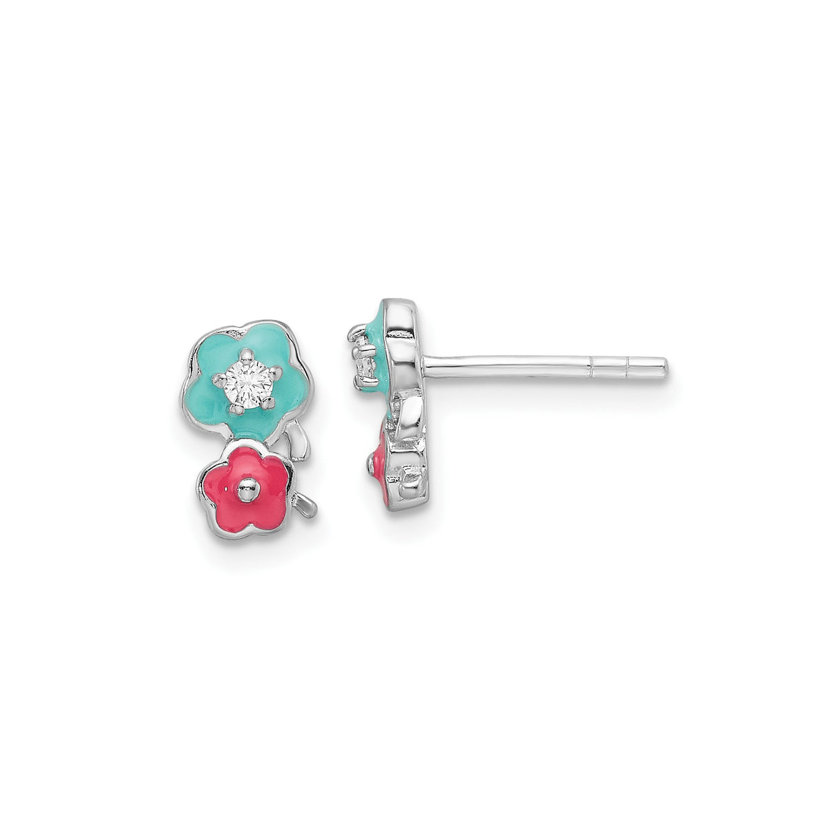 Sterling Silver Floral Stud Earrings with Pink and Turquoise Enamel, Cubic Zirconia Accent