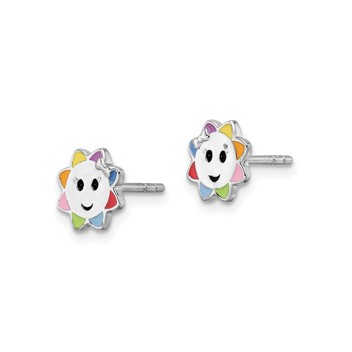 Sterling Silver Sun Earrings with Multicolor Enamel Rays, Smiling Sun Studs for Girls
