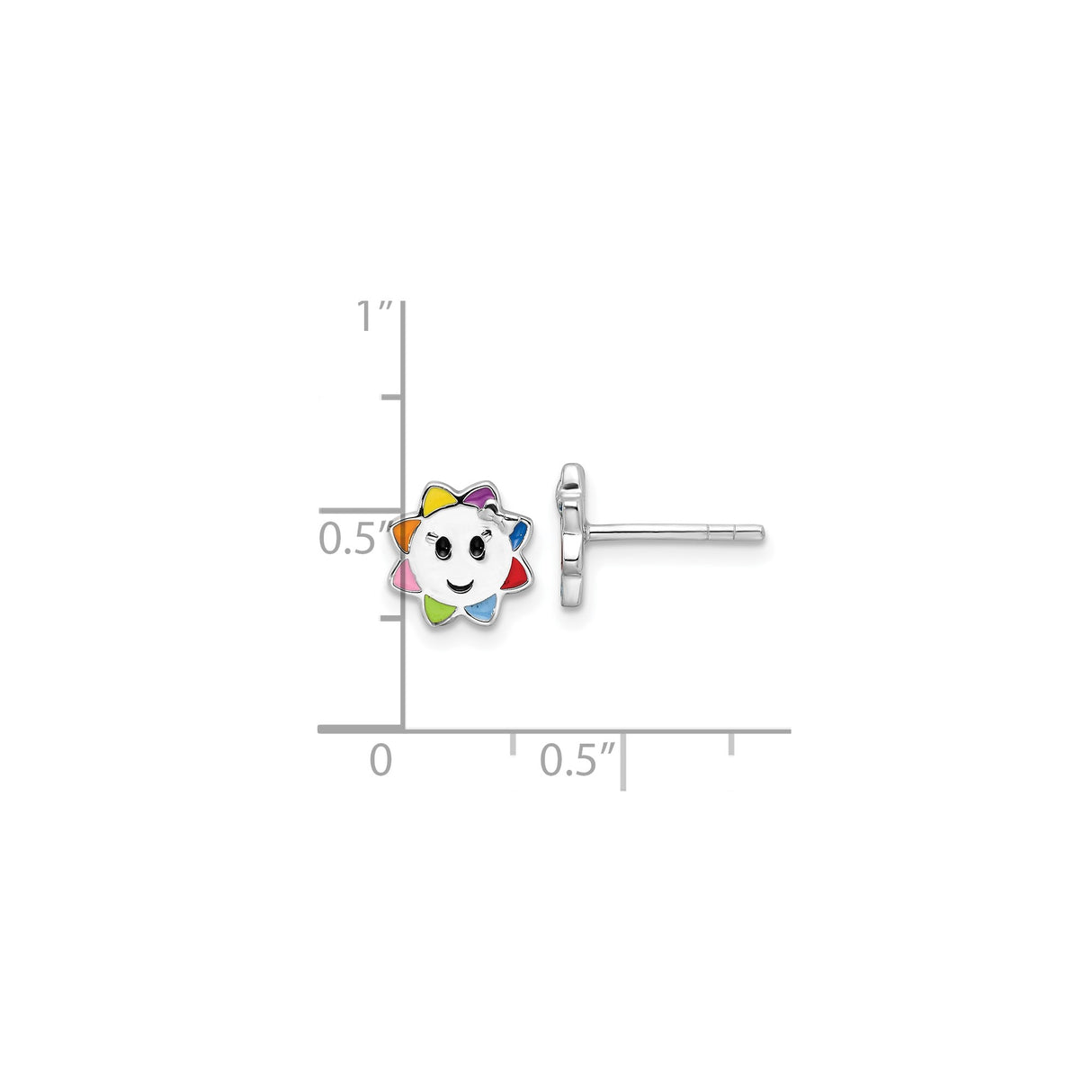 Sterling Silver Sun Earrings with Multicolor Enamel Rays, Smiling Sun Studs for Girls