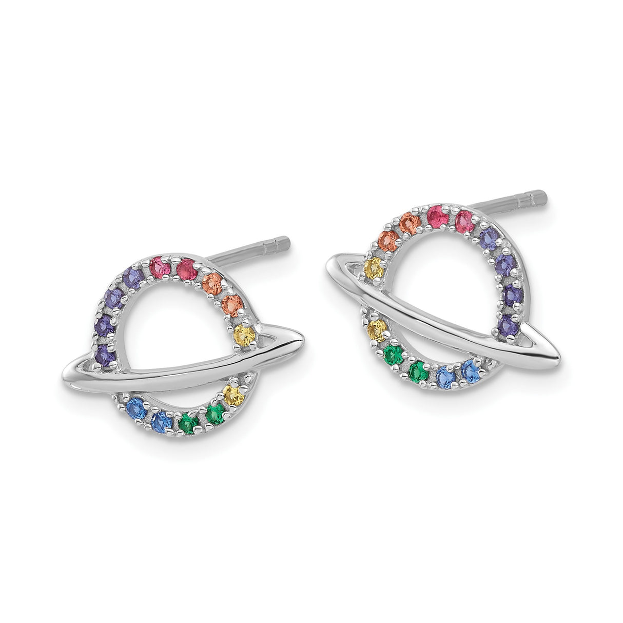 Sterling Silver Planet Stud Earrings with Multicolor Crystals, Orbit Galaxy Design