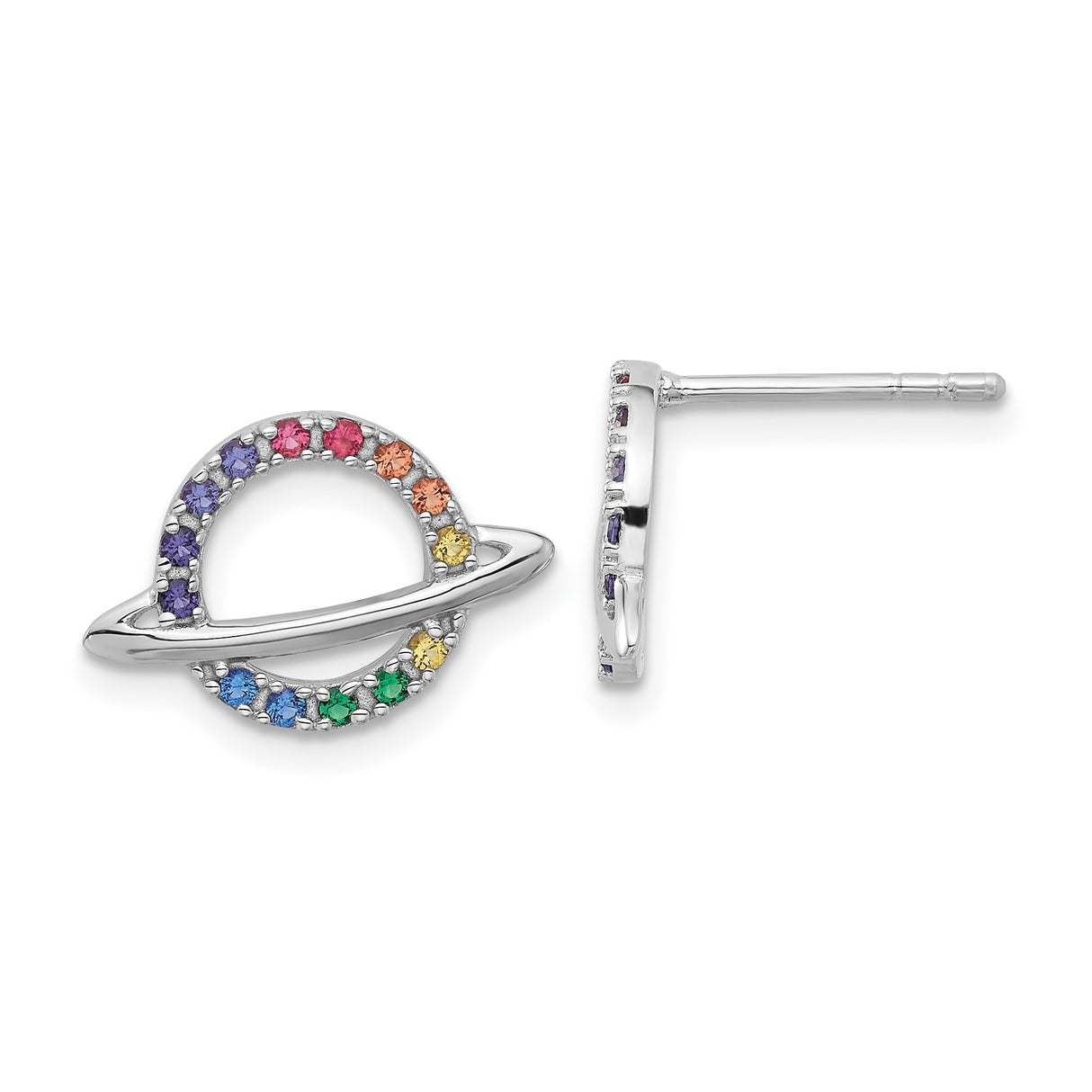 Sterling Silver Planet Stud Earrings with Multicolor Crystals, Orbit Galaxy Design