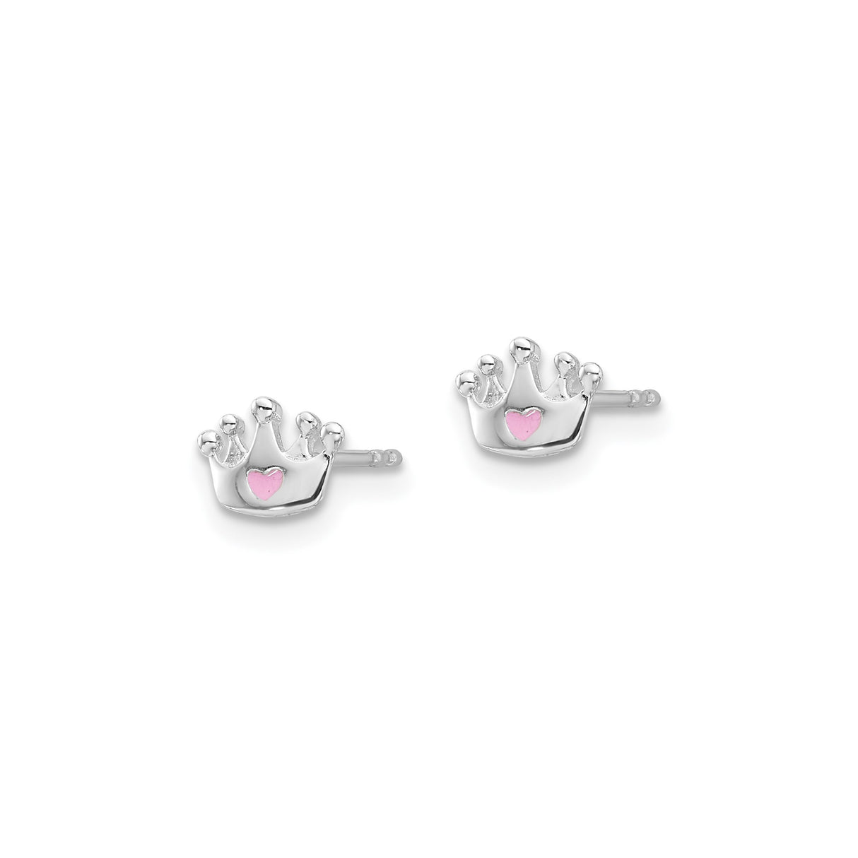 Sterling Silver Crown Stud Earrings with Pink Heart Enamel, Princess Theme Design