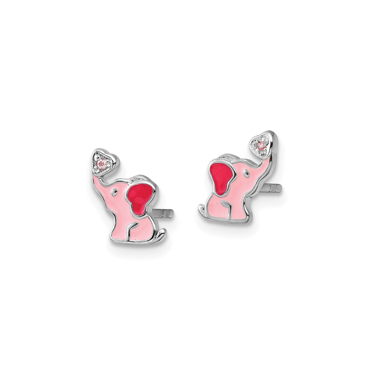 Sterling Silver Elephant Stud Earrings with Cubic Zirconia, Pink and Red Enamel Heart Accent, for Girls