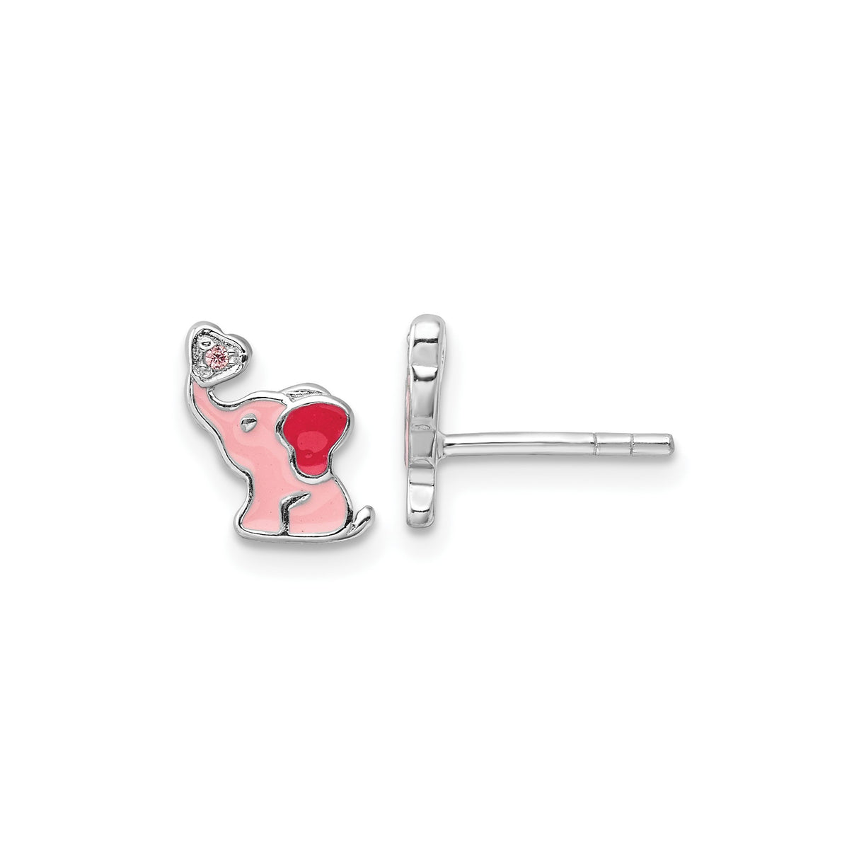 Sterling Silver Elephant Stud Earrings with Cubic Zirconia, Pink and Red Enamel Heart Accent, for Girls