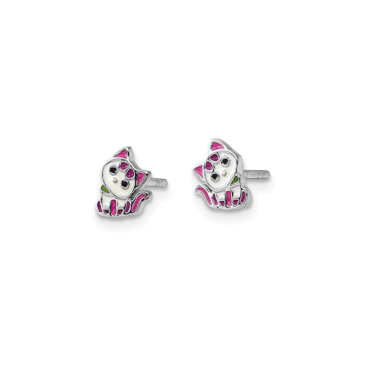 Sterling Silver Cat Stud Earrings with Colorful Enamel, Cartoon Kitty Design for Girls