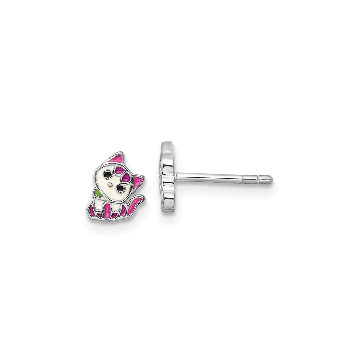 Sterling Silver Cat Stud Earrings with Colorful Enamel, Cartoon Kitty Design for Girls