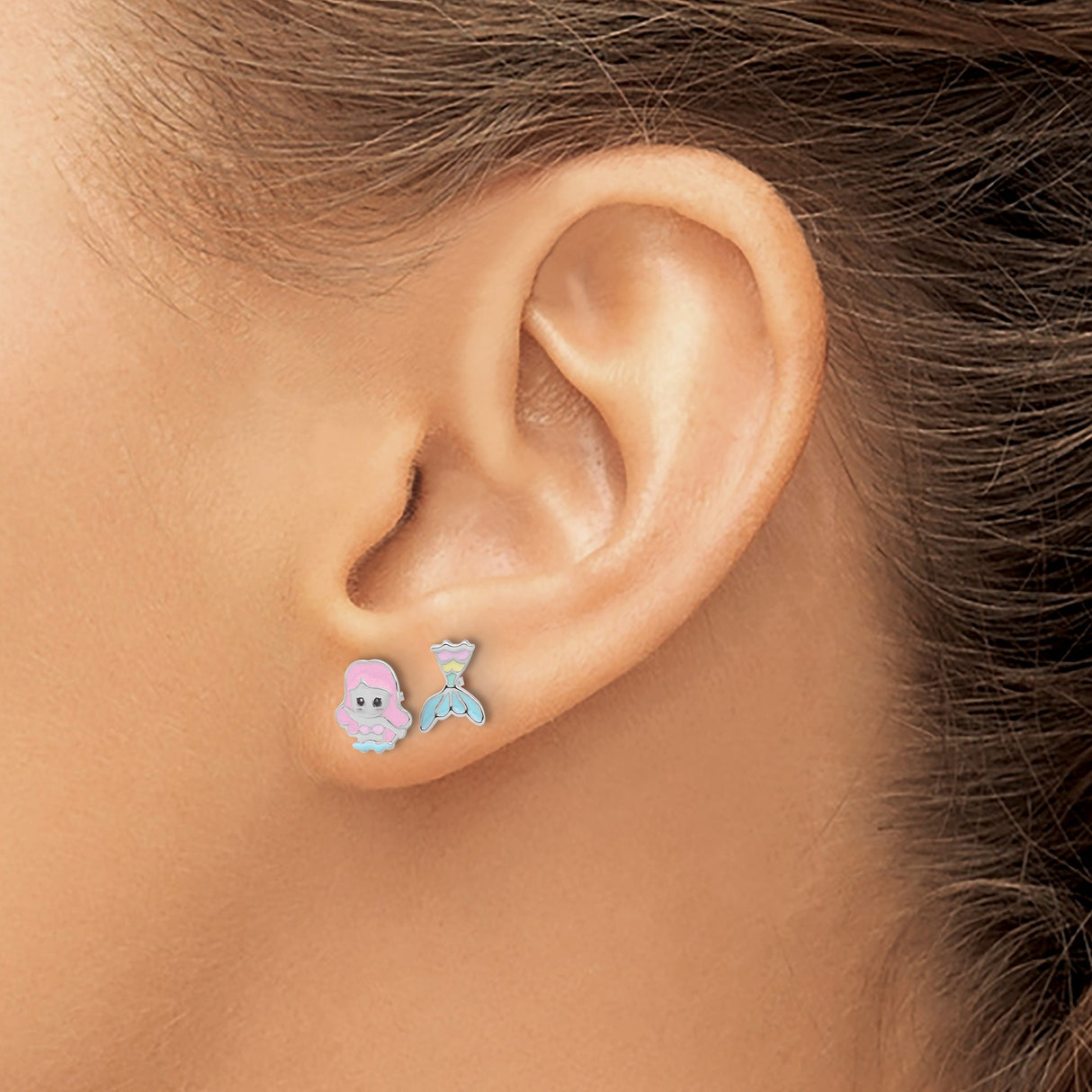 Sterling Silver Stud Earrings, Mermaid and Tail Design, Colorful Enamel, Ocean Theme for Girls