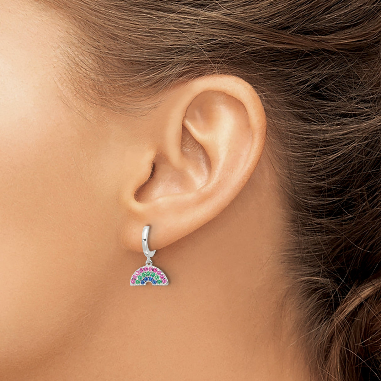 Sterling Silver Rainbow Hoop Earrings with Cubic Zirconia, Colorful Huggie Pride Jewelry for Women