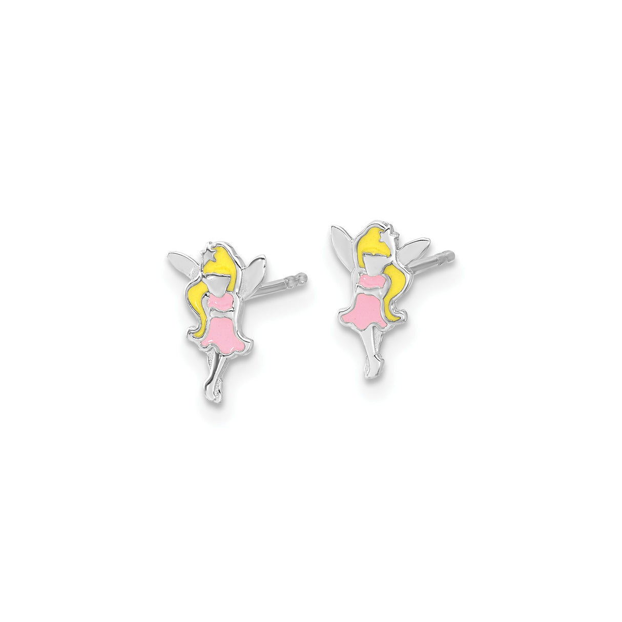 Sterling Silver Fairy Stud Earrings with Pink and Yellow Enamel, Star Detail, Whimsical Design