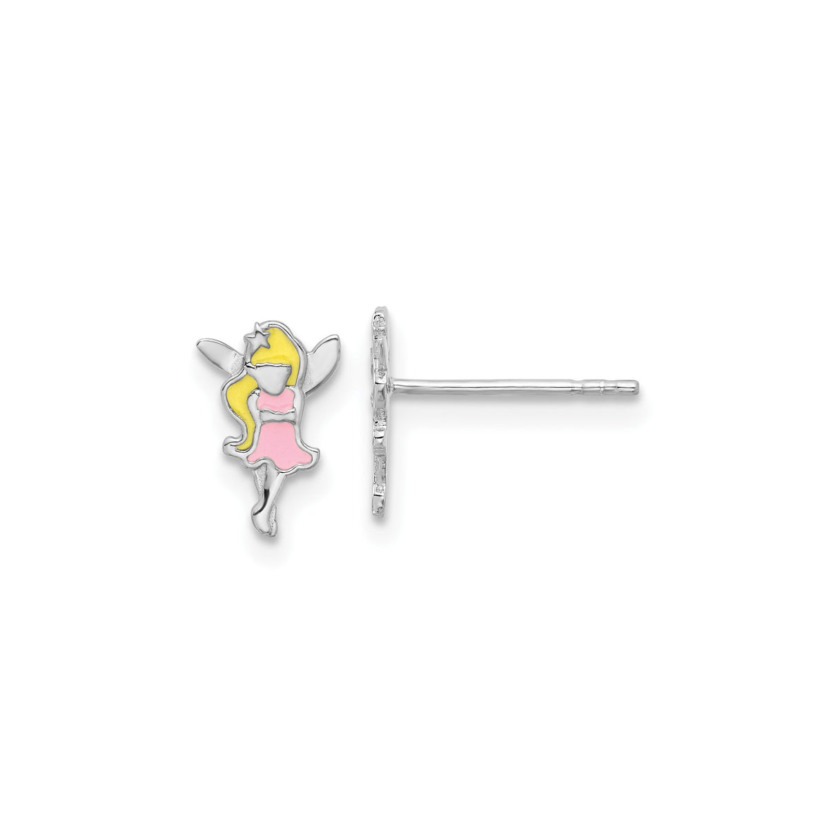 Sterling Silver Fairy Stud Earrings with Pink and Yellow Enamel, Star Detail, Whimsical Design