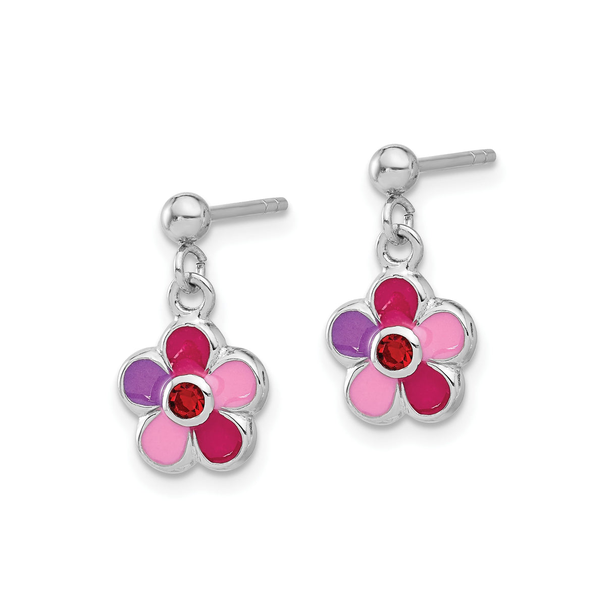 Sterling Silver Flower Stud Earrings with Red Crystal and Enamel Petals