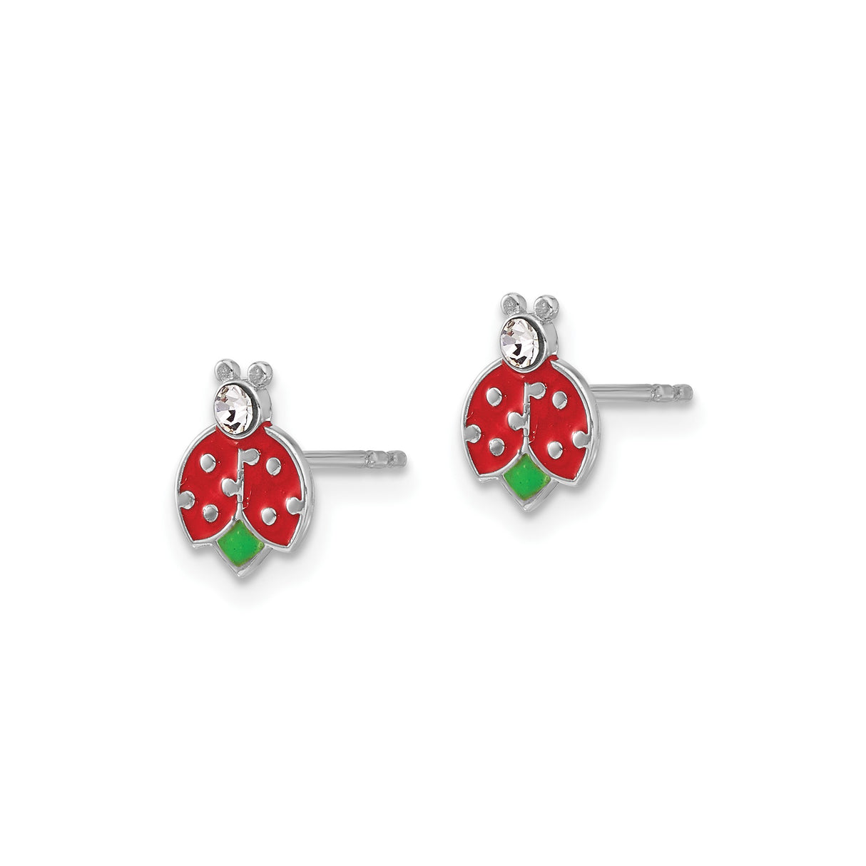 Sterling Silver Ladybug Stud Earrings with Crystal Accents, Red and Green Enamel, Nature Theme