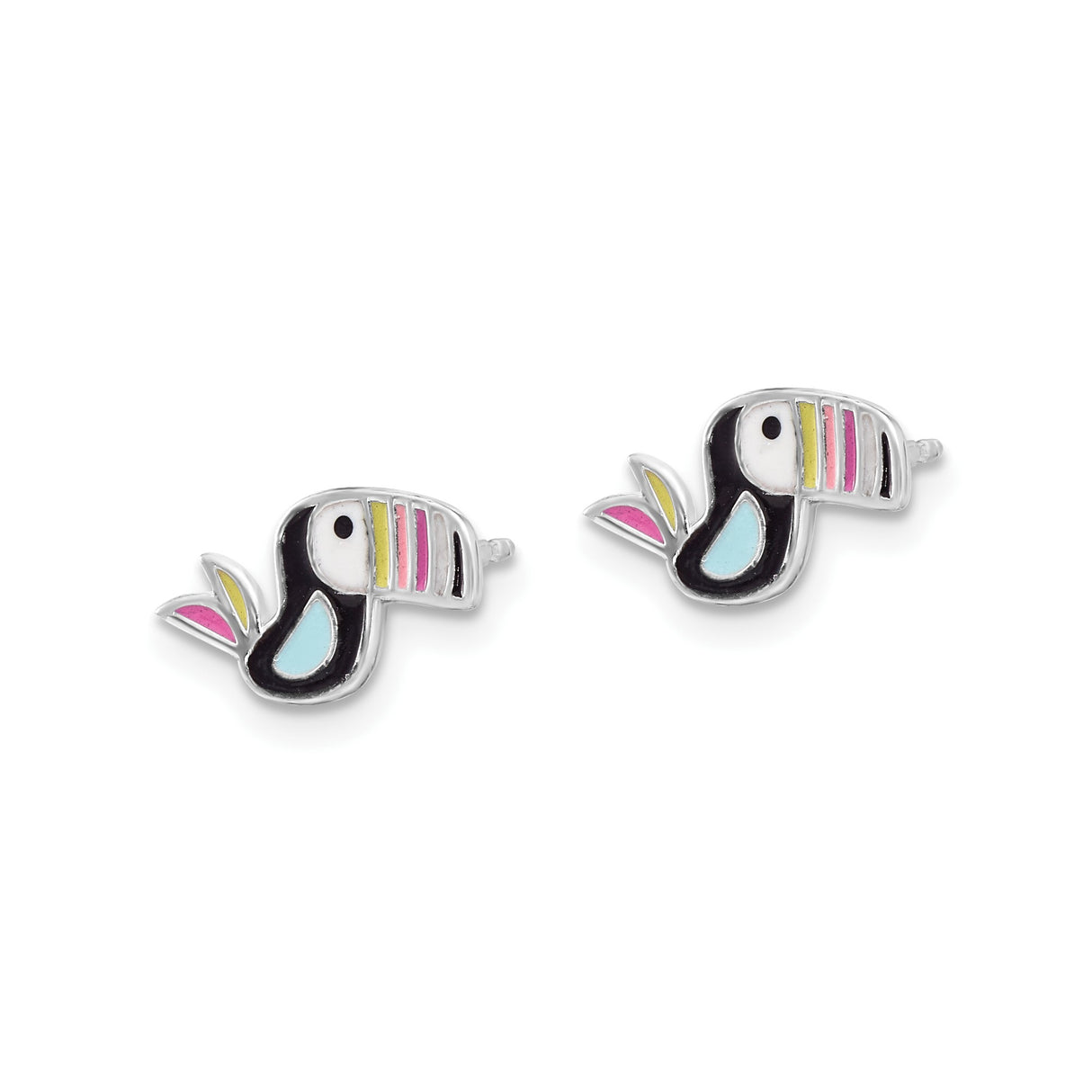 Sterling Silver Toucan Stud Earrings with Colorful Enamel, Tropical Bird Design