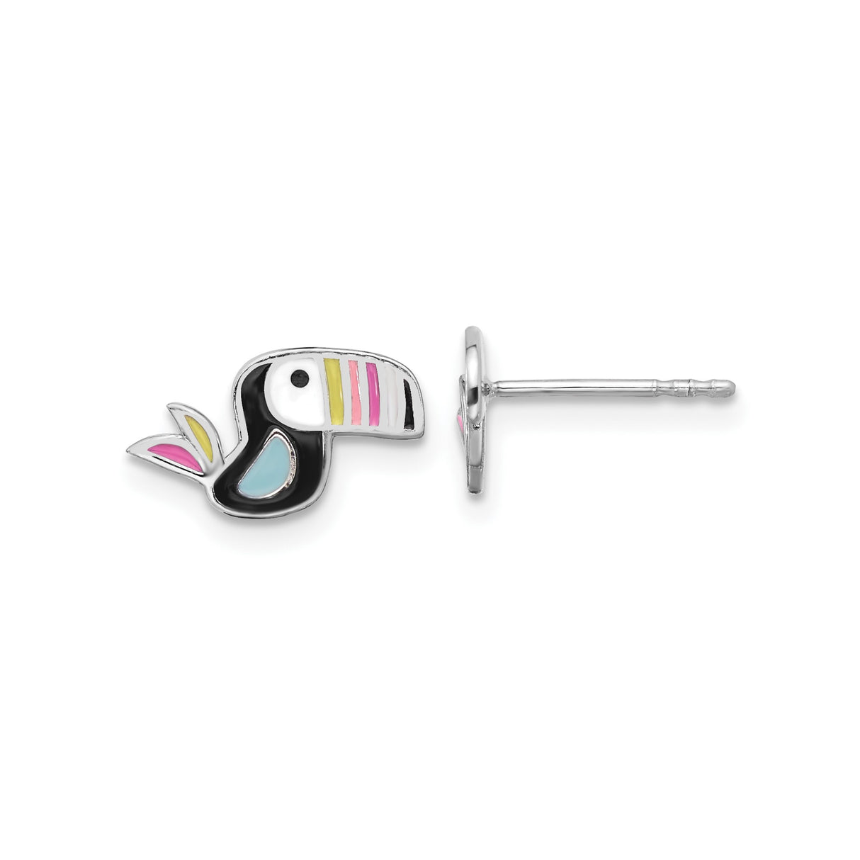 Sterling Silver Toucan Stud Earrings with Colorful Enamel, Tropical Bird Design