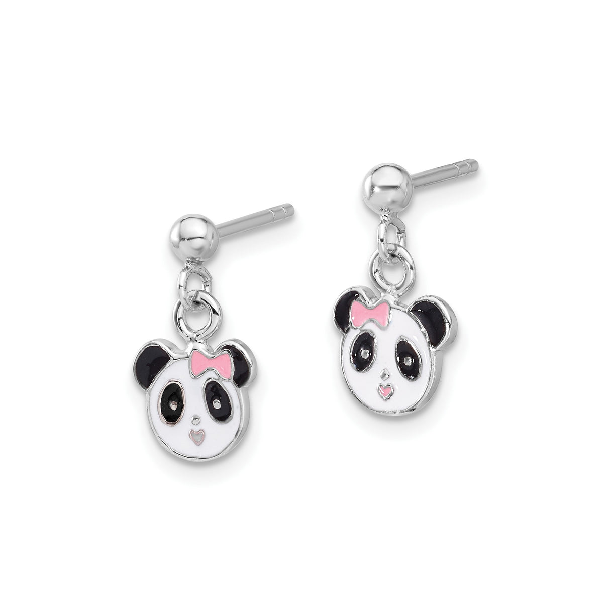Sterling Silver Panda Stud Earrings with Black Enamel, Pink Bow, and Heart Mouth Design