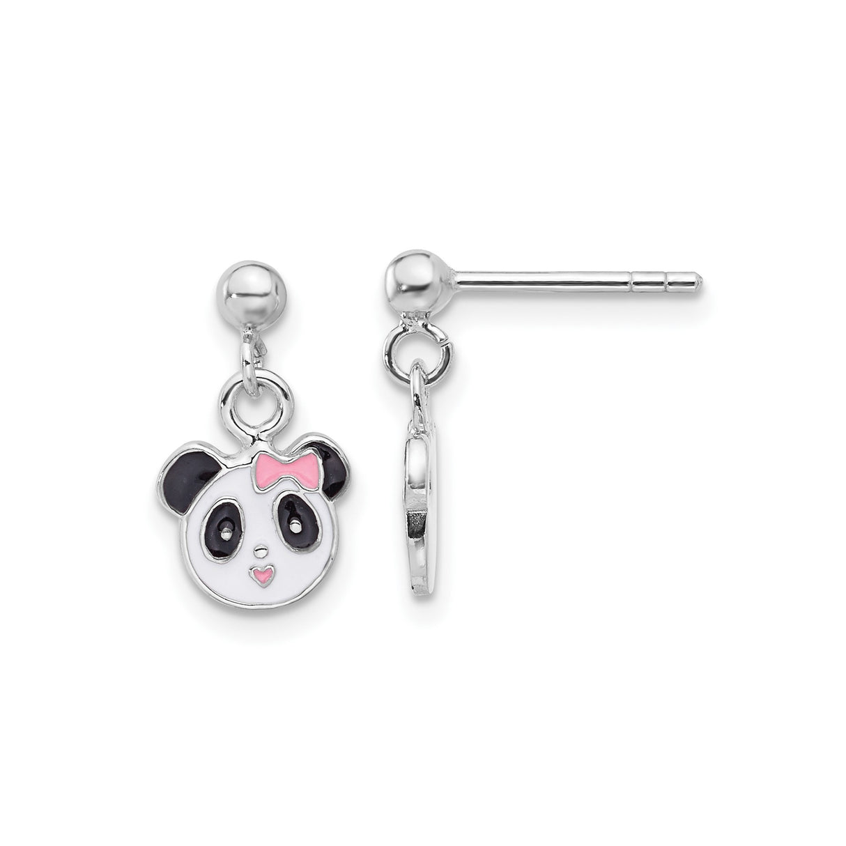 Sterling Silver Panda Stud Earrings with Black Enamel, Pink Bow, and Heart Mouth Design