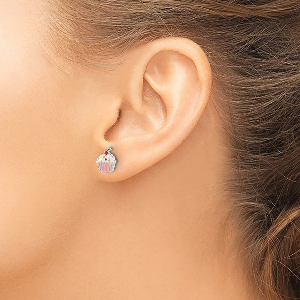 Sterling Silver Cupcake Stud Earrings with Colorful Enamel, Multicolor Dessert Design for Girls