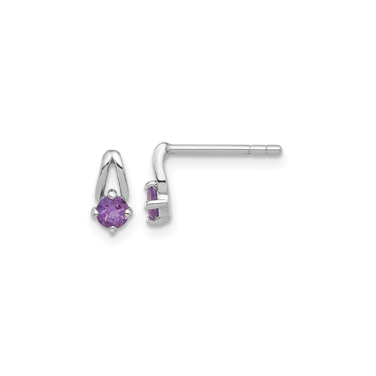 Sterling Silver Stud Earrings with Round Amethyst in Sleek V-Shaped Prong Setting