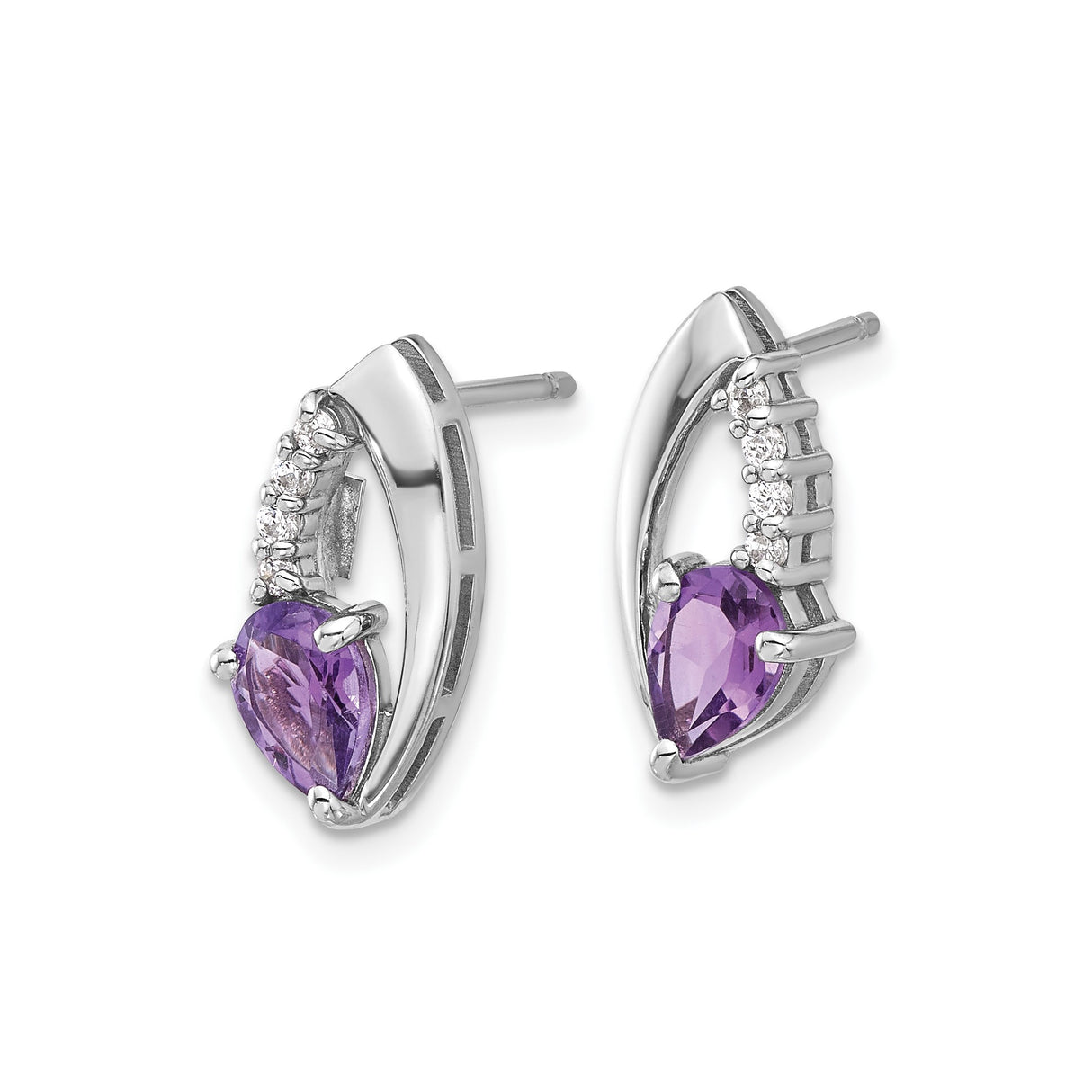 Sterling Silver Stud Earrings with Pear Shaped Amethyst and Cubic Zirconia Accents